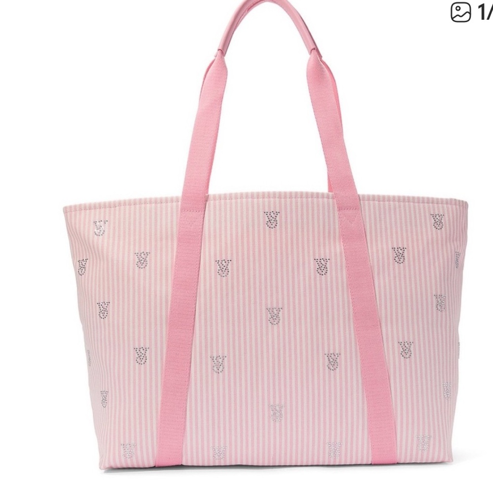 Victoria's Secret VS Heritage Stripe Tote Bag Pink/White Striped with Bling Logo